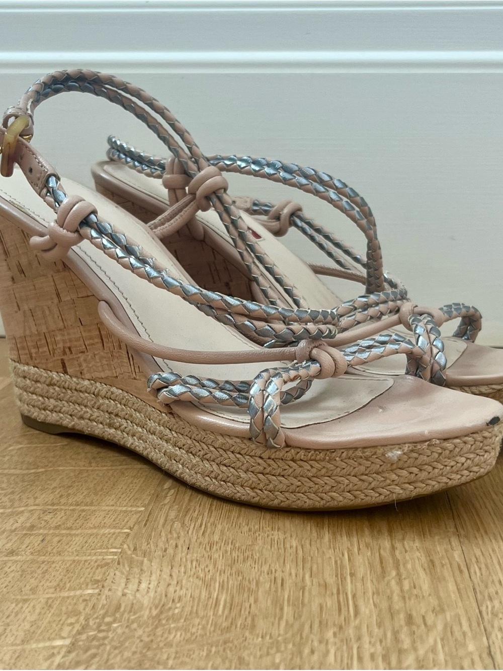 Prada Espadrille Cork Wedge Woven Strappy Tan Silver Pink Sandals Size EU 7/US 7
